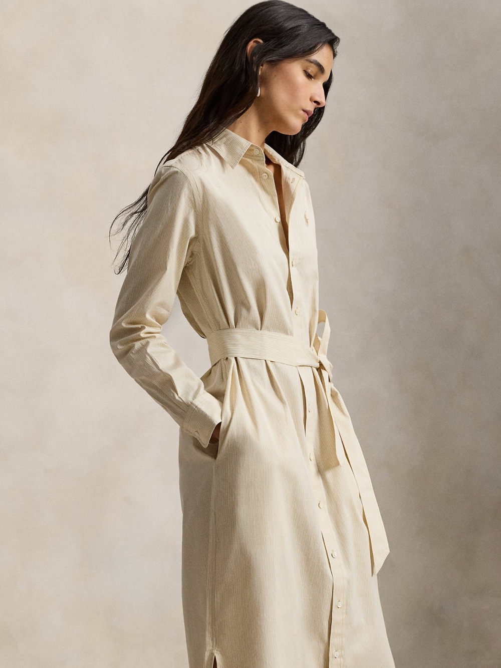 Ralph Lauren Cream Cotton Button-Front Shirt Dress with Waist Tie - Picture 3 of 8